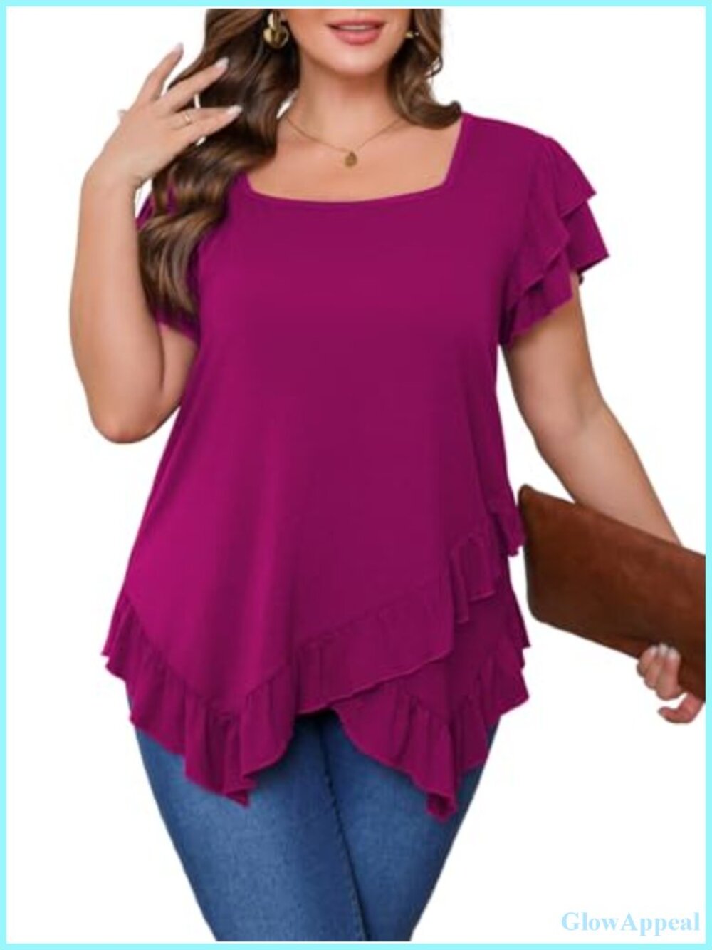 Plus Size Square Neck Ruffle Hem Tunic Blouse Short Sleeve Flowy Dressy Casual